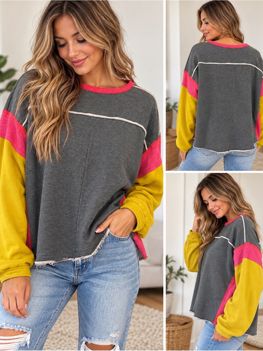 NATURAL LIFE Women's L/xl boxy Fit Color Block Sweatshirt Mixed Media - Picture 2 of 5